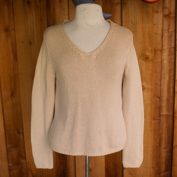 Vintage Talbots 100% Cotton Creme Knitted V-Neck Sweater Size S - Picture 1 of 15